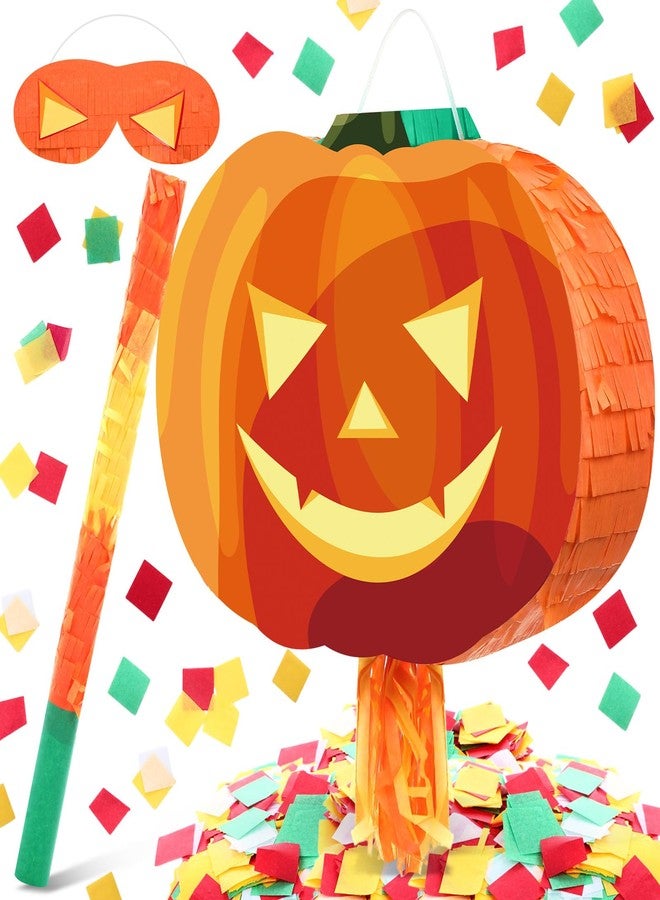 Poen Halloween Pumpkin Piñata for Kids 14 x 9.8 x 2.7 Inch with Stick Blindfold Confetti Hanging Fiestas Decoration Funny Spooky Piñata for Halloween Party Favor Photo Prop Birthday Game Supplies - Image 1